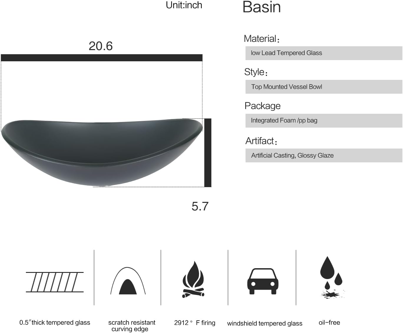 Puluomis Lavabo de vidrio con forma de barco para baño con grifo y drenaje emergente, color gris esmerilado
