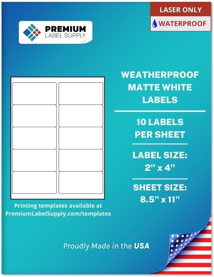 Premium Label Supply Etiquetas adhesivas de dirección blancas impermeables  2 x 4 pulgadas  Solo impresoras láser  (10 etiquetashoja), 10 hojas  100