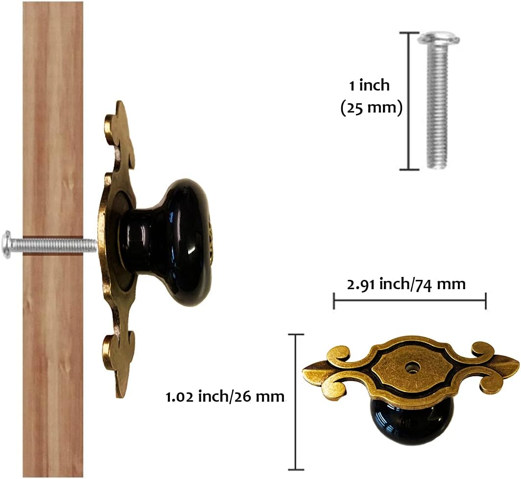 Pomos de cerámica para gabinete, 4 unidades Perillas vintage elegantes para cajones de vestir con placa trasera de bronce, manijas decorativas para