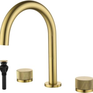 Techzm Grifo de baño de cuello de cisne de 8 pulgadas con dos manijas mezclador de lavabo con desperdicios emergentes cepillado dorado Techzm Grifo de baño de cuello de cisne de 8 pulgadas con dos manijas mezclador de lavabo con desperdicios emergentes cepillado dorado