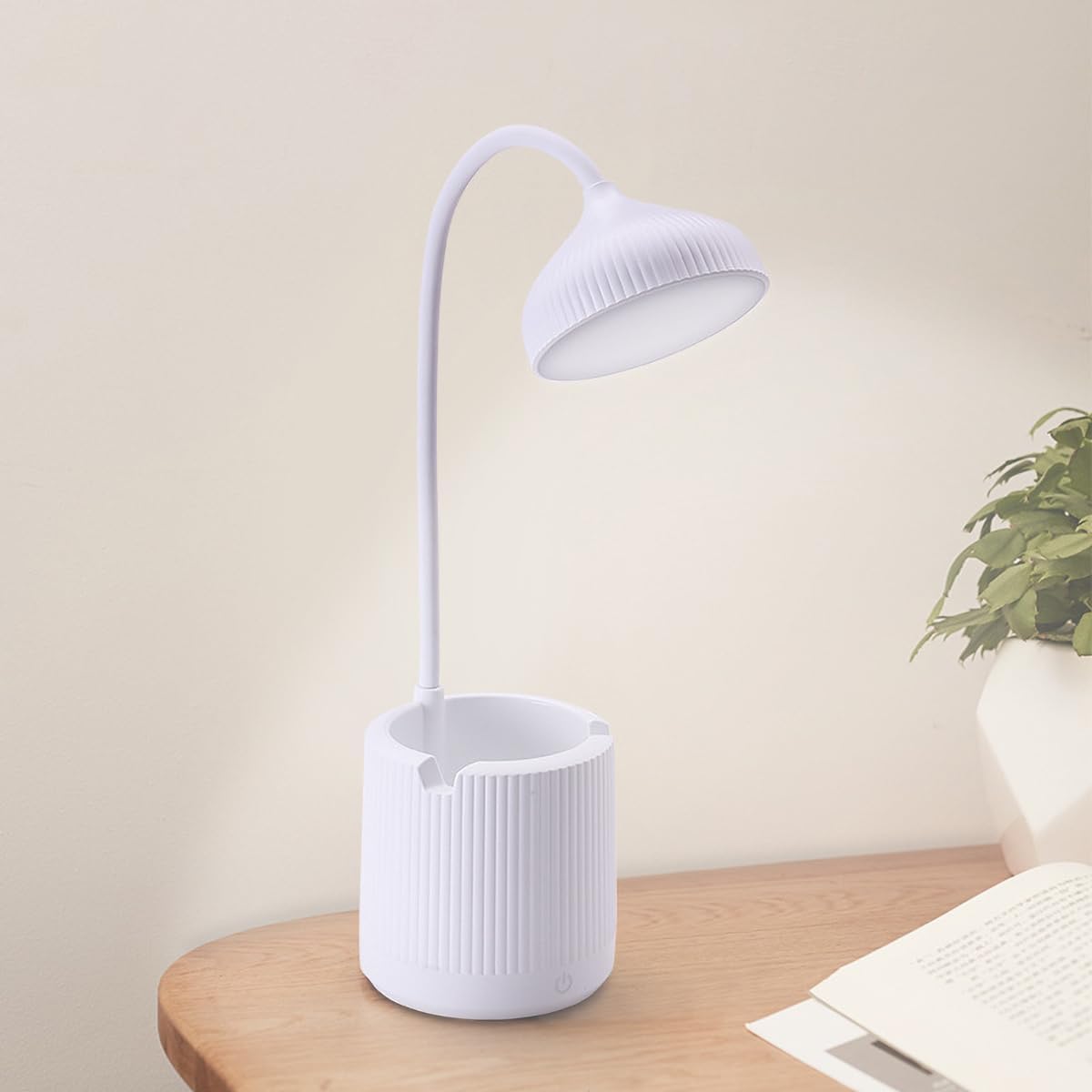 Lámpara inalámbrica, lámparas de escritorio para oficina en casa, blanco, luz ajustable de 3 velocidades, con soporte para bolígrafo, cable de carga