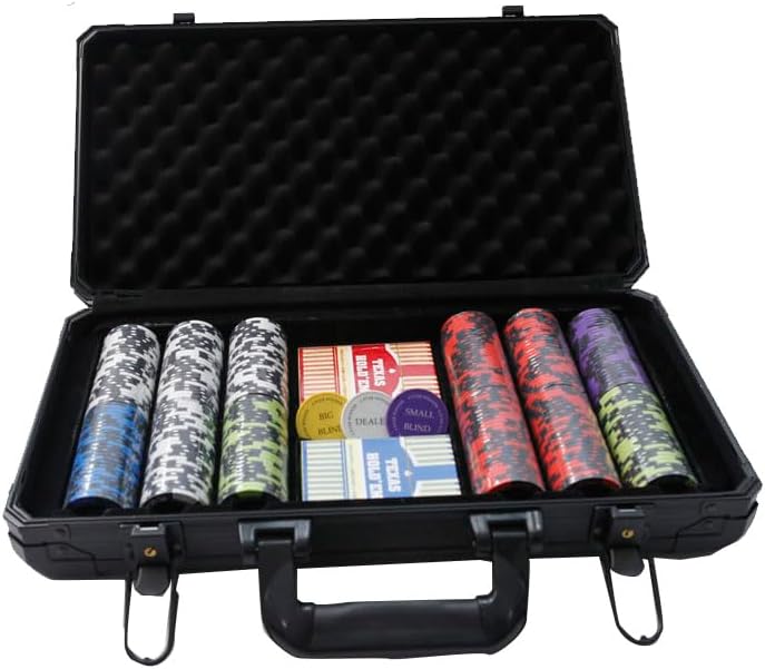 THUNDERBAY Juego de póquer de 300 unidades de 0.49 oz, fichas compuestas de arcilla de 14G con estuche de aluminio, dos barajas de cartas, juego