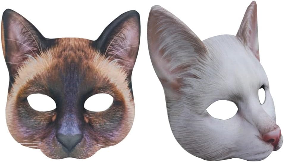 Abaodam 2 máscaras realistas de gatos, animales de media cara, de atigrado, suministros para fiesta de disfraces de Halloween (marrón, blanco)