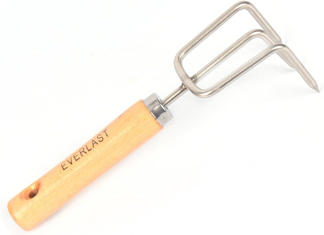 TOPBATHY Mini rastrillo pequeño de acero inoxidable para jardín, agarre firme, mango de madera, rastrillo de garra corta fuerte, herramienta de