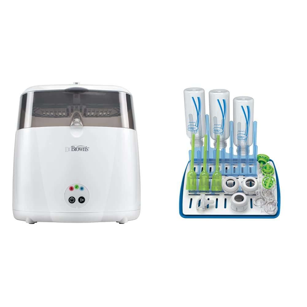 Dr. Brown’s Esterilizador eléctrico de lujo para biberones y otros artículos esenciales para bebés y estante de secado plegable Dr. Brown’s para un