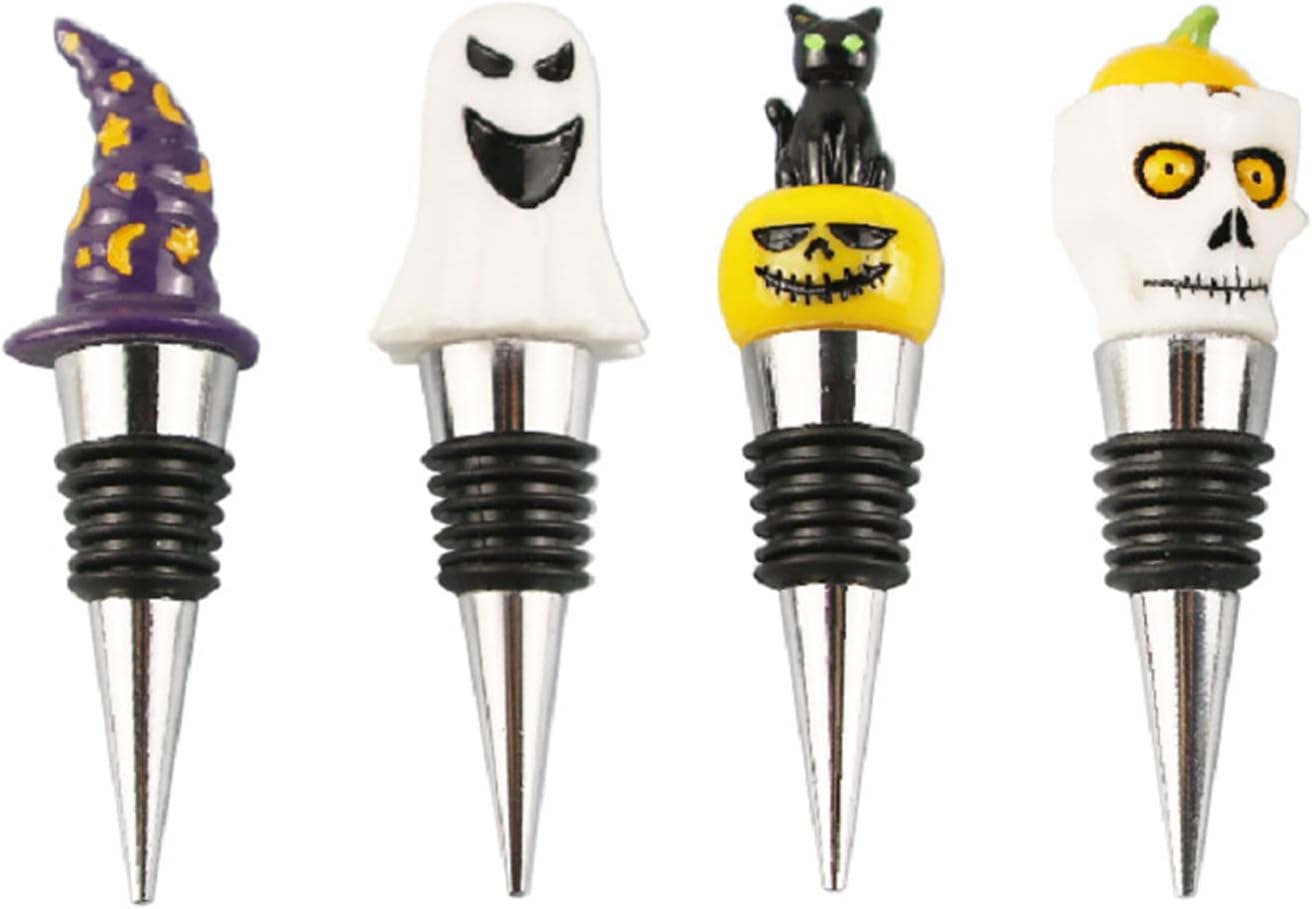 4 tapones para botella de vino de Halloween, tapón de vino de calavera, sombrero de bruja para botellas de bebidas, sombrero de calavera