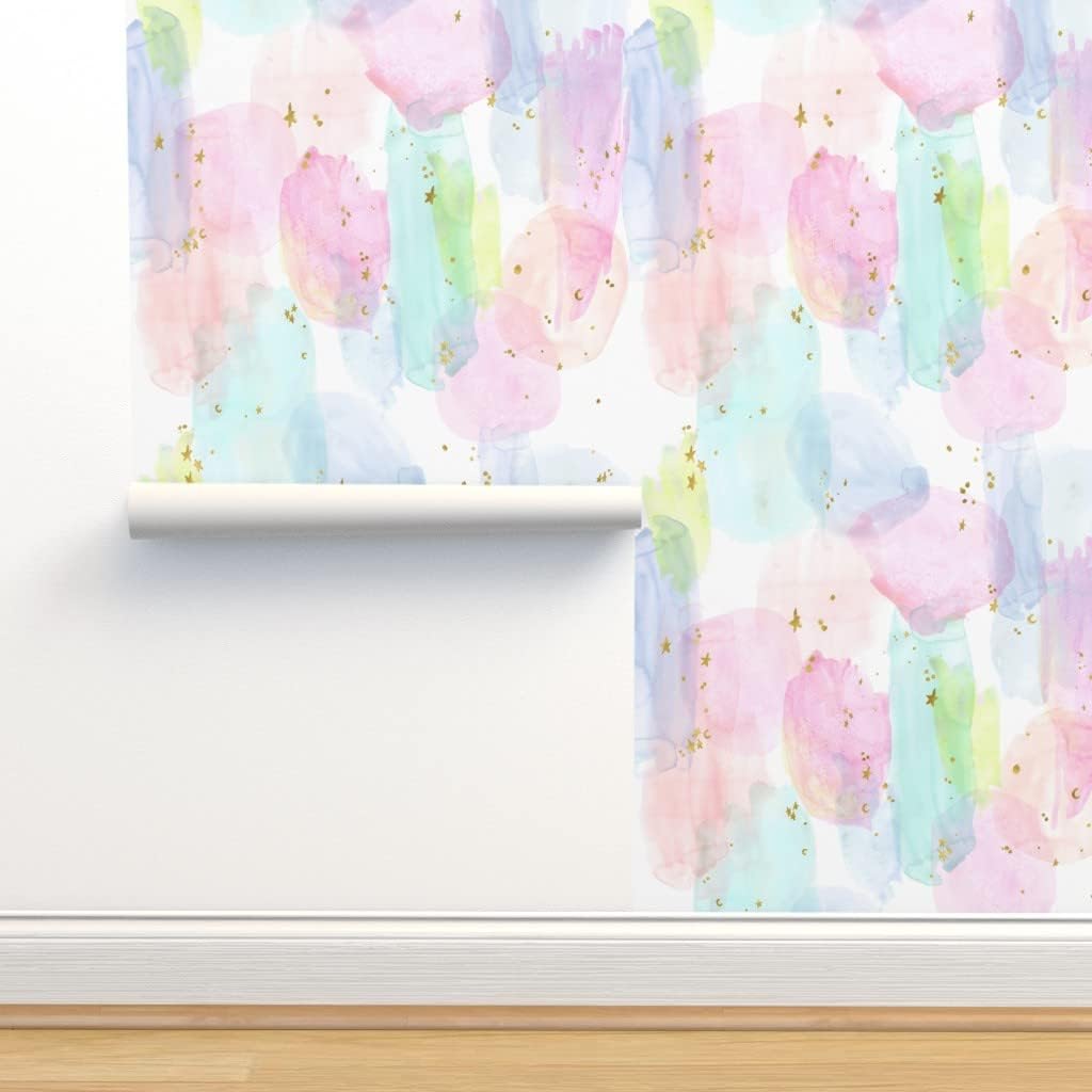Spoonflower Papel tapiz para despegar y pegar, diseño de estrellas de acuarela de arcoíris, dorado, algodón, caramelo, pastel, unicornio, papel