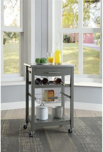 Carrito de microondas de isla de cocina rodante de madera de pino con almacenamiento en gris