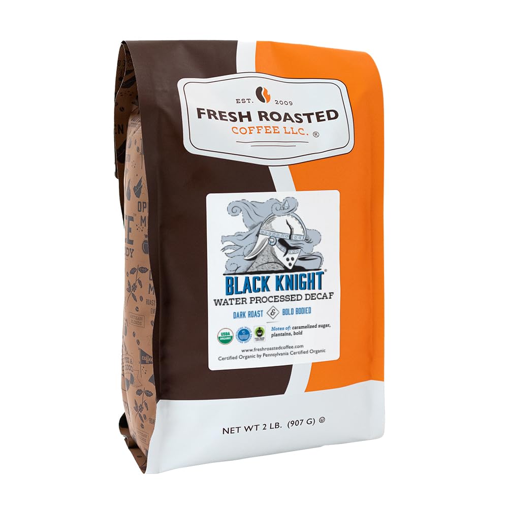 Fresh Roasted Coffee, Orgánico Black Knight Swiss Water descafeinado, 2 libras (32 onzas), tostado oscuro, Kosher de comercio justo, molido