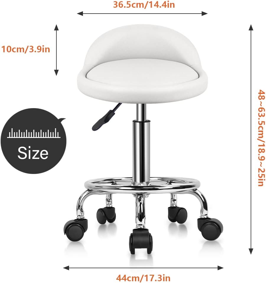 KKTONER Taburete rodante redondo de cuero sintético con reposapiés, altura ajustable, giratoria, trabajo, SPA, silla de tareas con ruedas (blanco)