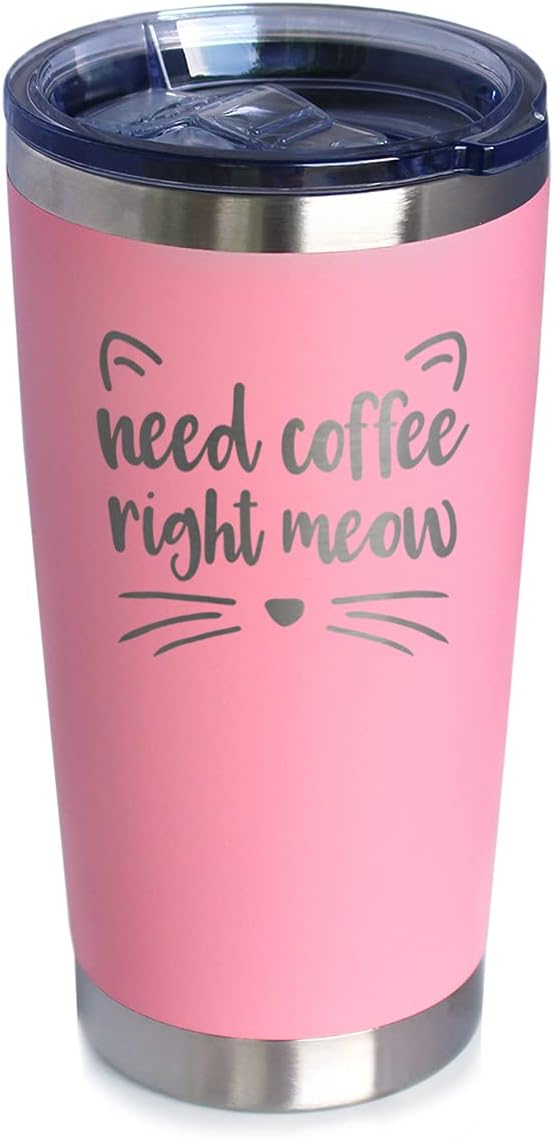 Bevvee Need Coffee Right Meow – Vaso de café aislado con tapa deslizante, taza aislada de acero inoxidable, regalos de café con temática de gatos,