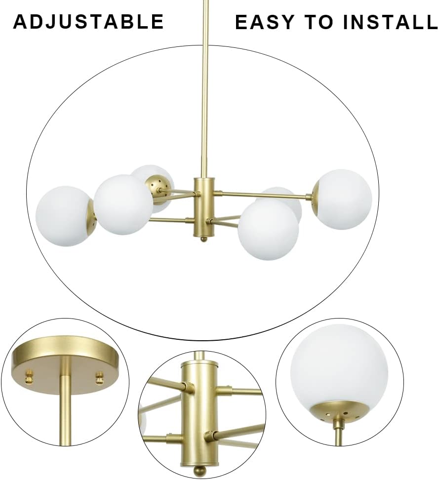 Candelabro de 6 luces doradas, lámpara moderna con pantalla de cristal de globo, lámpara de mediados de siglo para comedor, cocina y dormitorio