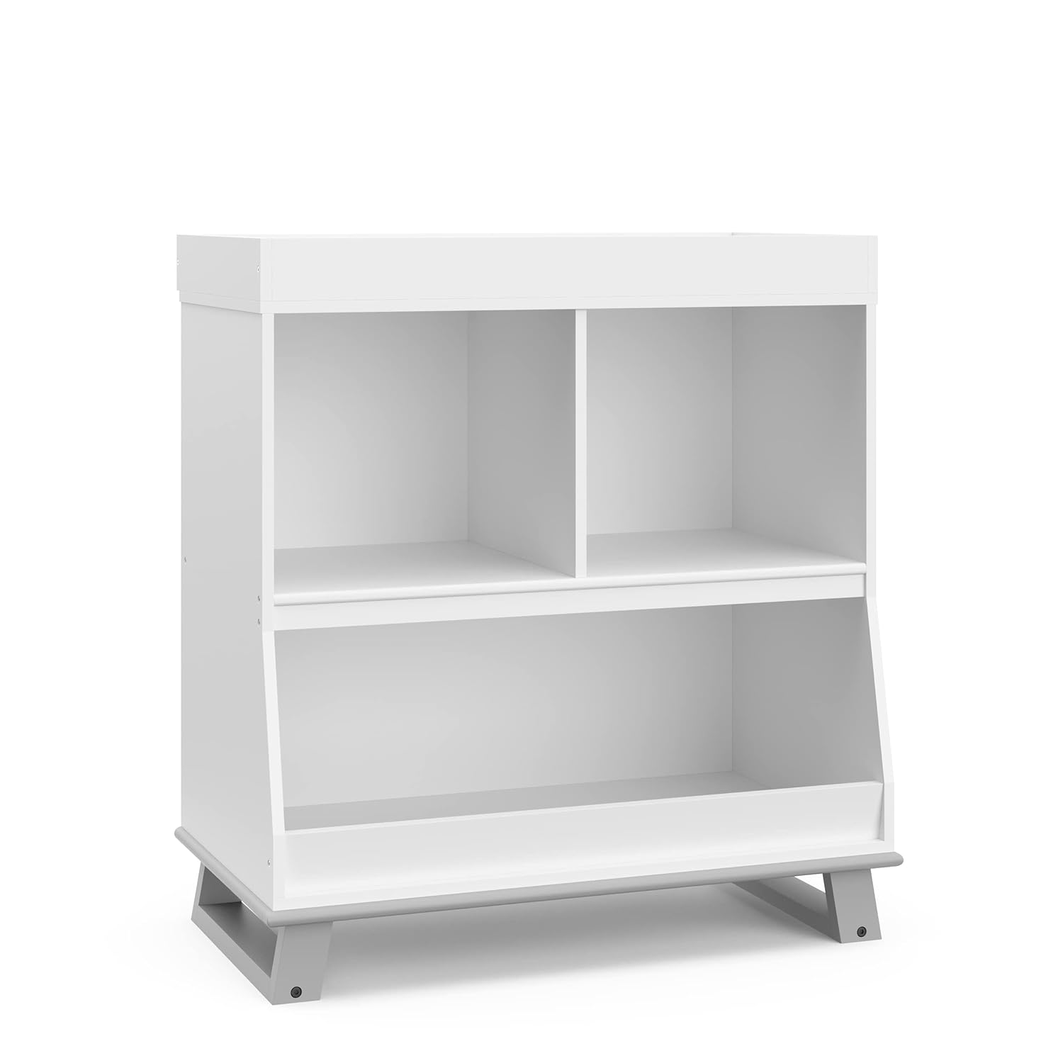 Storkcraft – Moderna mesa cambiadora con almacenamiento (blanco con gris guijarro)  Certificado GREENGUARD Gold, cambiador extraíble, se adapta a