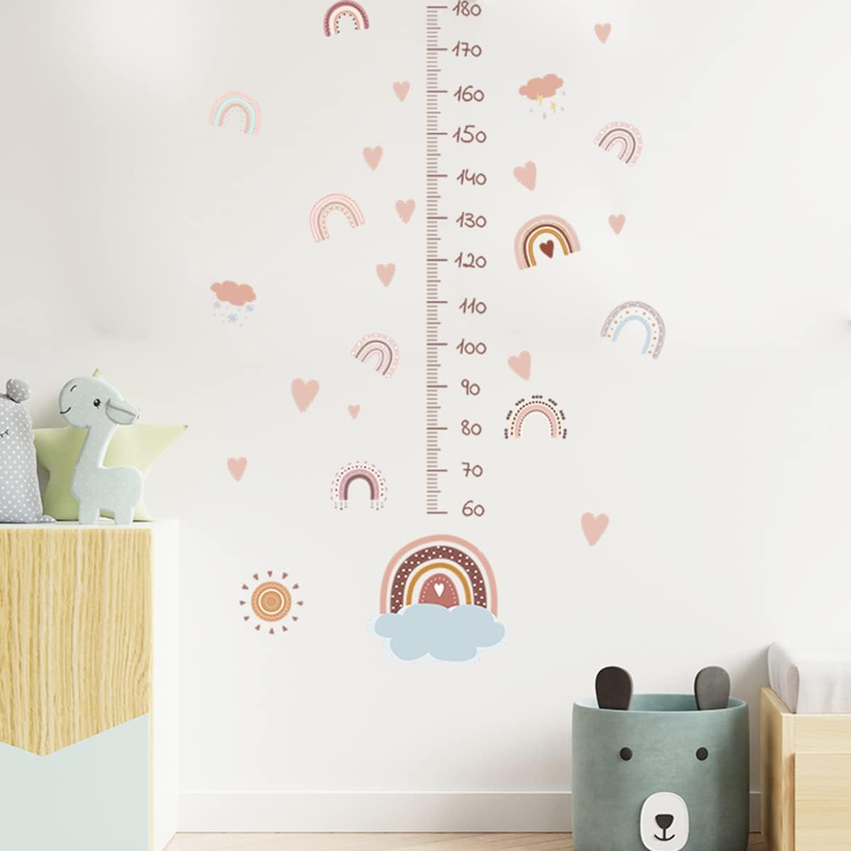 Tabla de altura de crecimiento del bebé, calcomanías de arco iris, tabla de pared para despegar y pegar, regla de guardería, calcomanías de pared