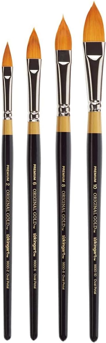 KINGART B-100 Premium – Juego de pinceles ovalados para pétalos florales de la serie 9930, oro sintético Taklon para acrílico, óleo, pintura de