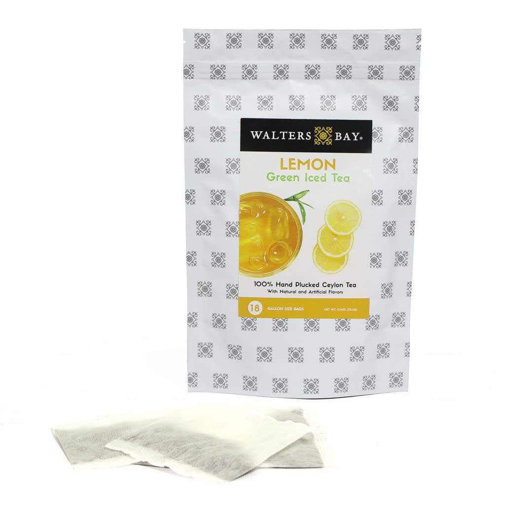 Walters Bay Té helado verde limón, 18 unidades, bolsas de té de tamaño de galón, té de Ceilán al por mayor, refrescante sabor cítrico a limón, 100%