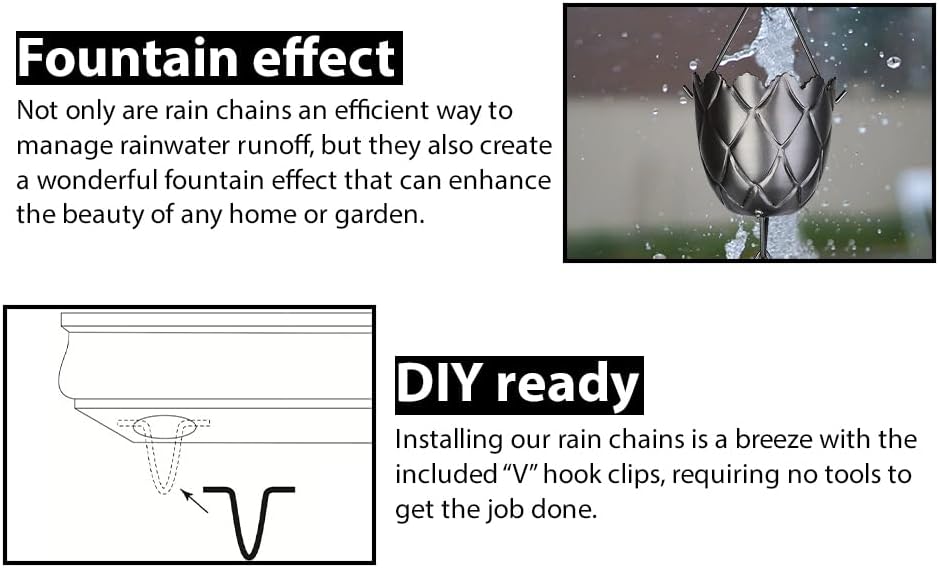 Cadena de lluvia de 8.5 pies de longitud – Recambio funcional y decorativo para canaletas – Colector de canaletas de cadena de lluvia – Desviador de