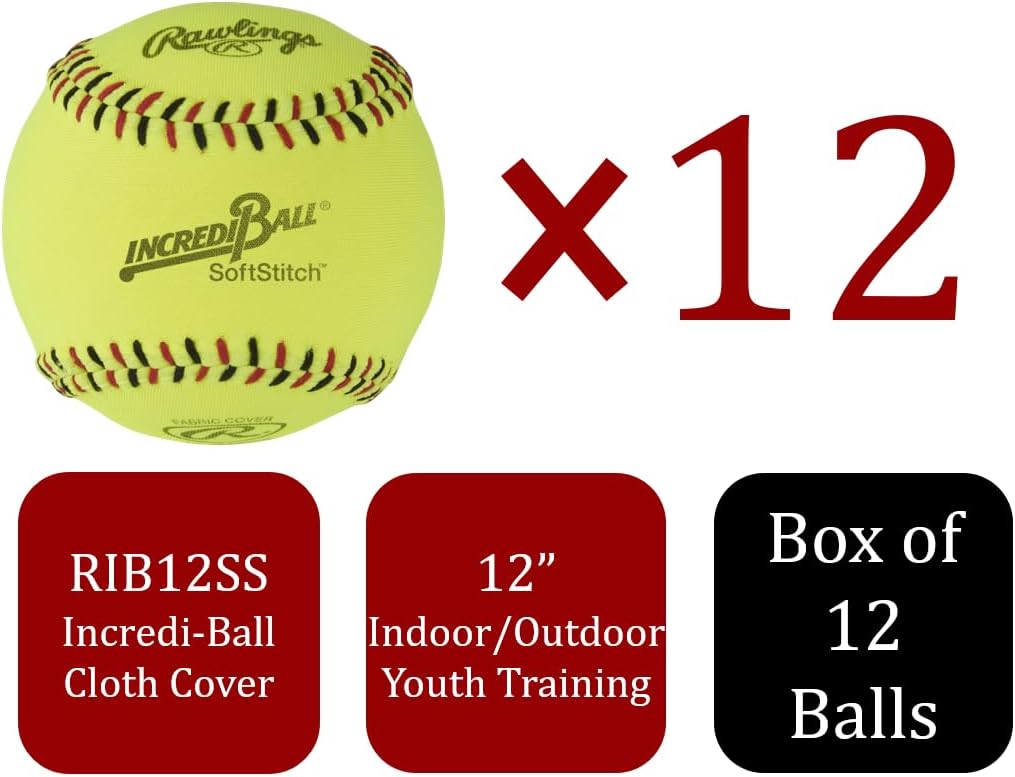 Rawlings Bolas de softstitch amarillas Incredi-Ball  Opciones de 11 y 12 pulgadas  Opciones de cubierta de tela y cuero sintético  12 unidades