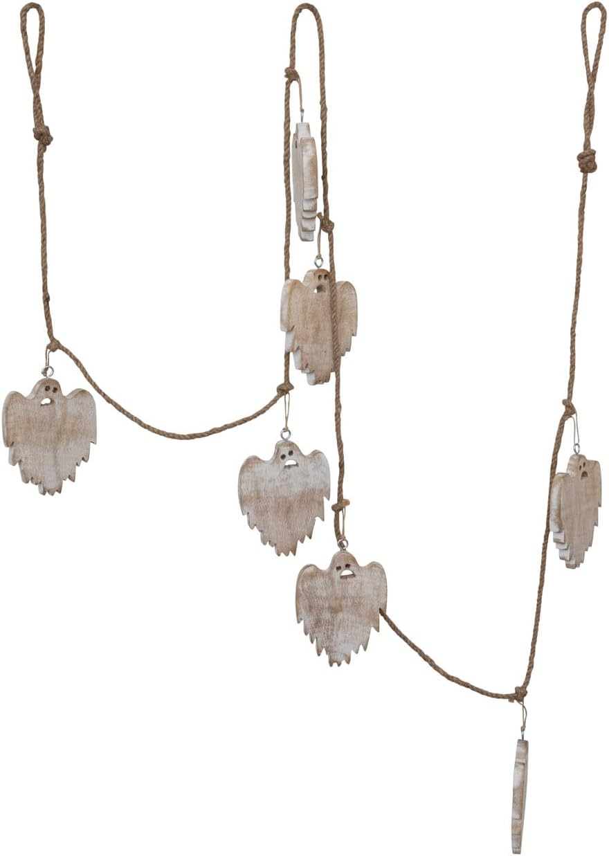 Creative Co-Op Guirnalda fantasma de madera de yute y mango, color blanco
