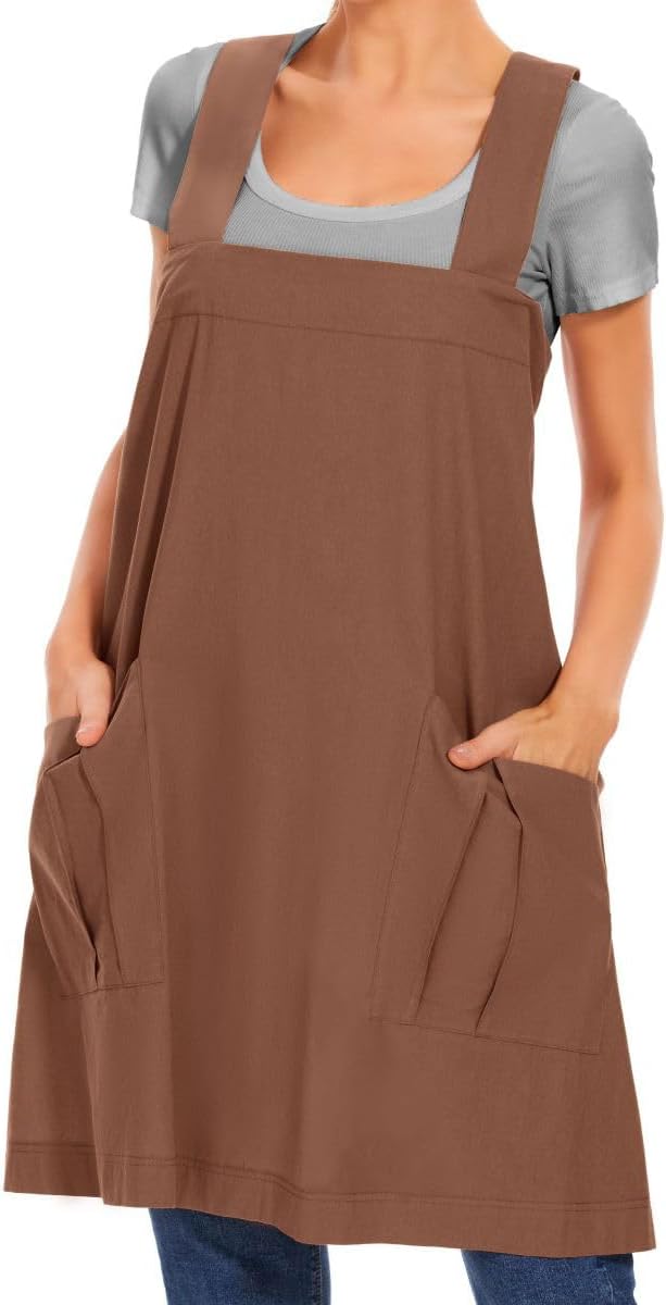 Delantal de algodón con espalda cruzada para mujer, vestido casual con bolsillos grandes, delantal cuadrado suelto para hornear, cocinar, jardinería