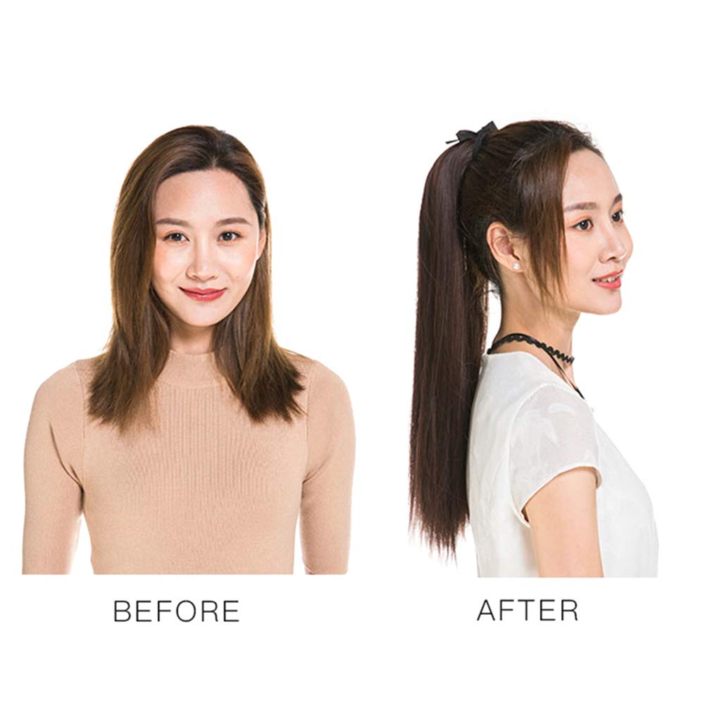 455525.6 in moda mujeres largo recto peluca cola de caballo extensión del pelo Cosplay hairpiece marrón oscuro 25.6 in