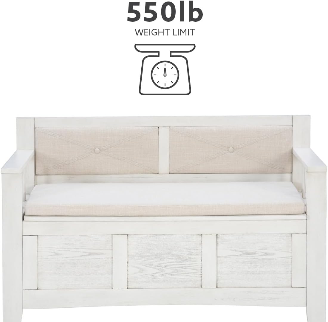 Linon Carlton – Banco de almacenamiento blanco con respaldo tapizado beige y asiento acolchado, gris ahumado