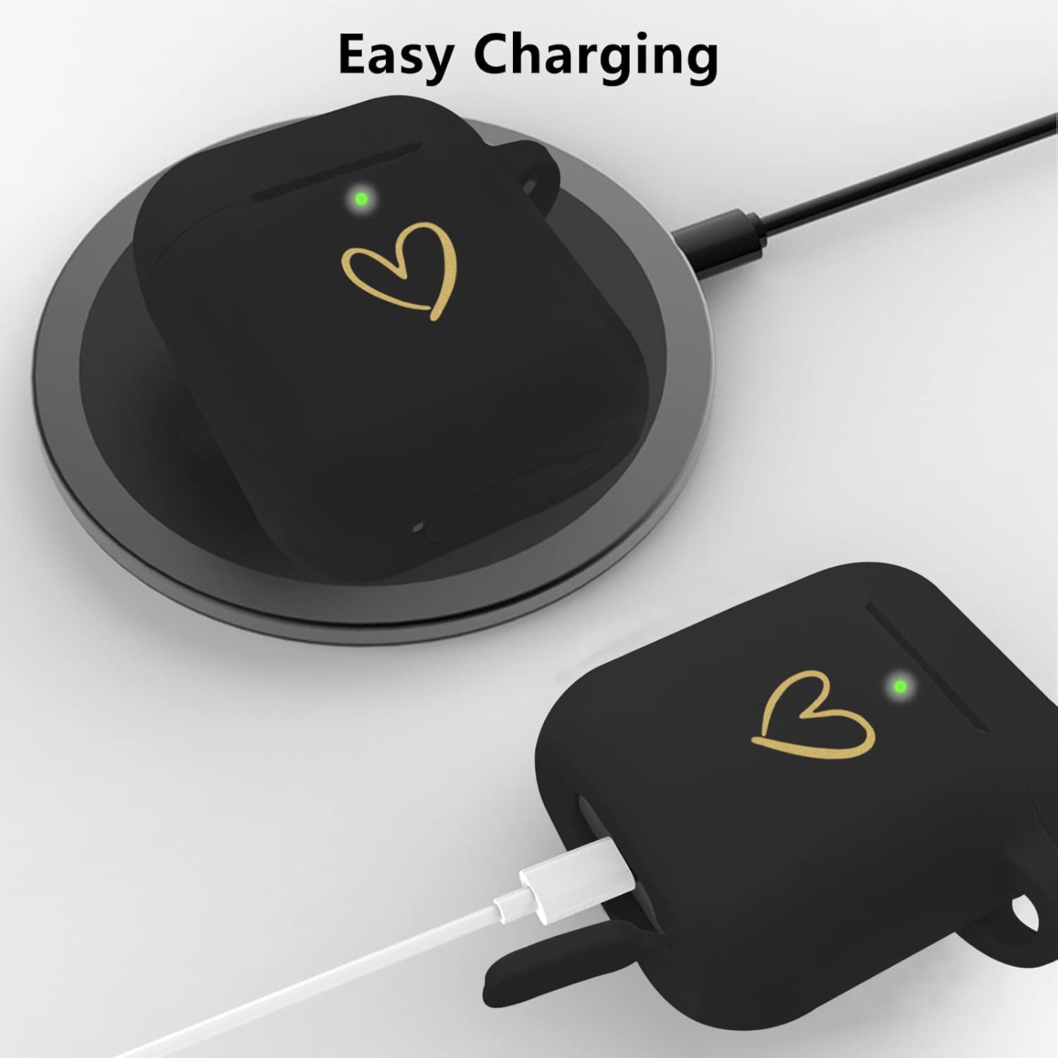 Funda compatible con AirPods, funda de silicona suave con patrón de corazón dorado para AirPods de 2 y 1 generación, con llavero de letra A-Z con