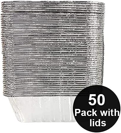 Paquete de 50 moldes desechables de papel de aluminio de 1 libra, moldes para hornear con 50 tapas