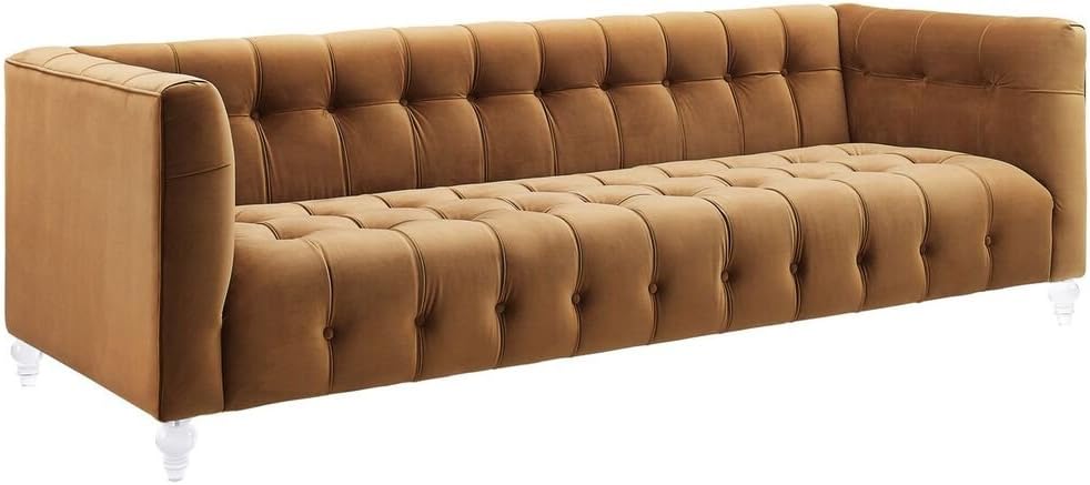 TOV Furniture The Bea Collection – Sofá tapizado de terciopelo de estilo moderno con patas Lucite, coñac