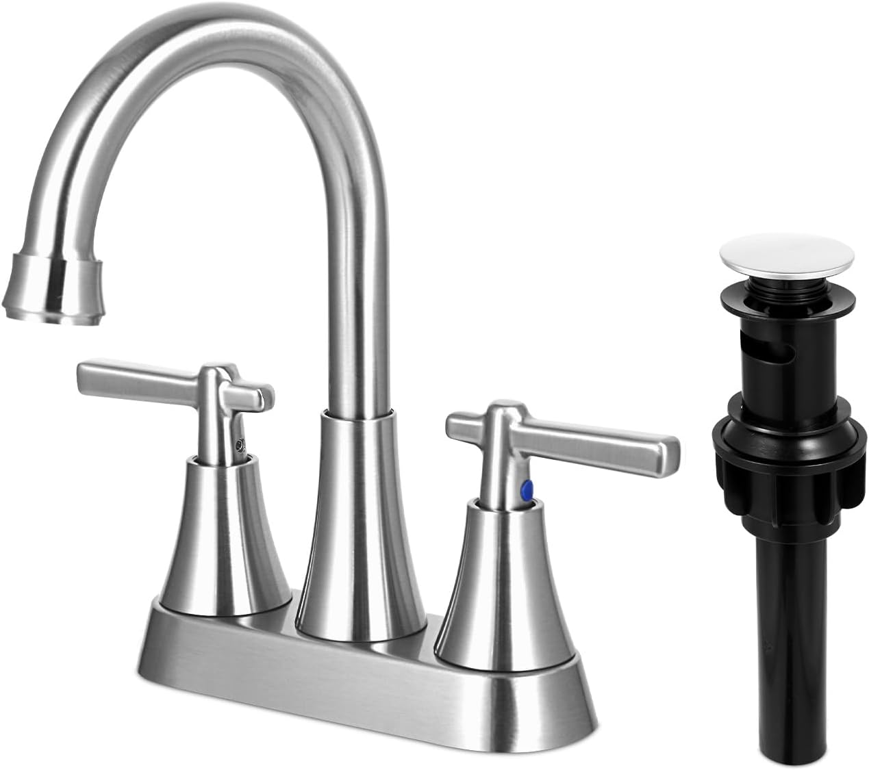 Grifo de baño, grifo de lavabo de baño de 3 agujeros de 4 pulgadas, juego central de acero inoxidable sin plomo, 2 asas, con drenaje desplegable y 2