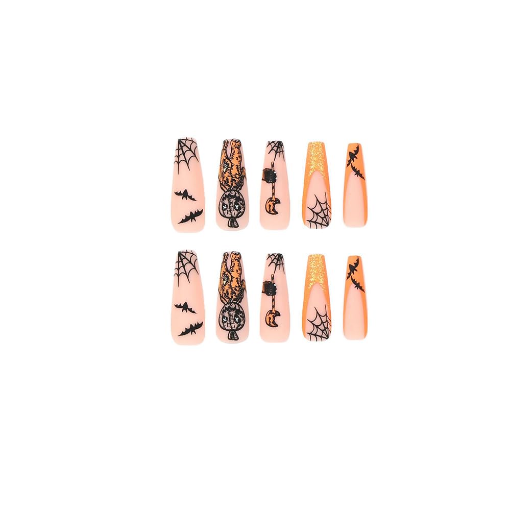 Uñas postizas a presión de Halloween, 24 unidades (12 tamaños), color naranja y negro, con punta francesa, uñas artificiales acrílicas con diseño de