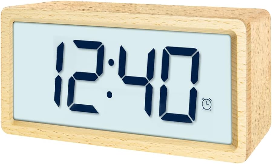 everwood Relojes despertadores digitales de madera para dormitorios con función de repetición LCD de gran número, batería de reserva operada