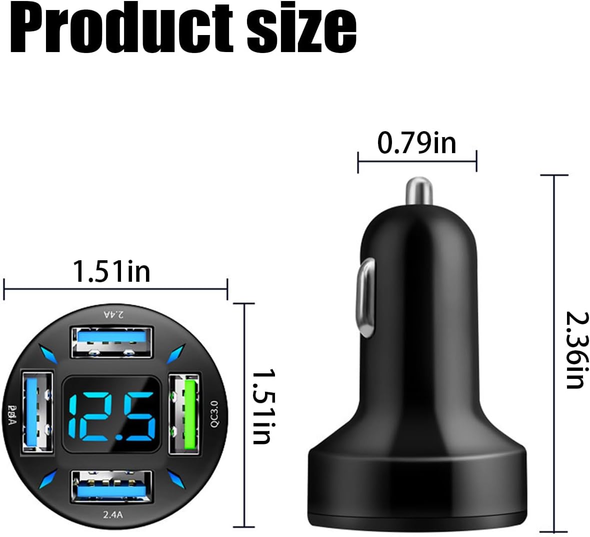 Cargador de coche USB de 4 puertos, carga súper rápida de 66 W con QC 3.0, PD 20 W y adaptador de cargador USB 2.4A, carga rápida con voltímetro