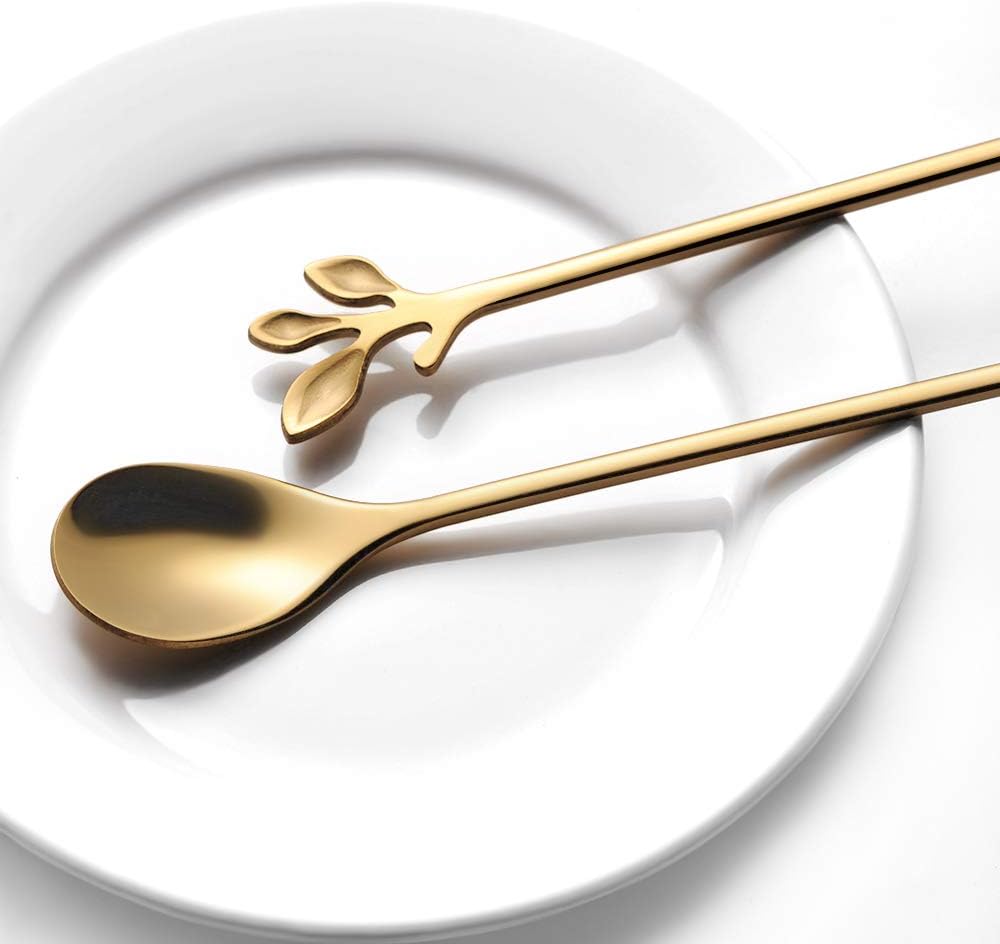 AnSaw Gold Leaf Handle – Cucharas largas de acero inoxidable de 7.4 pulgadas para café y té, cucharas para remover café, juego de 20