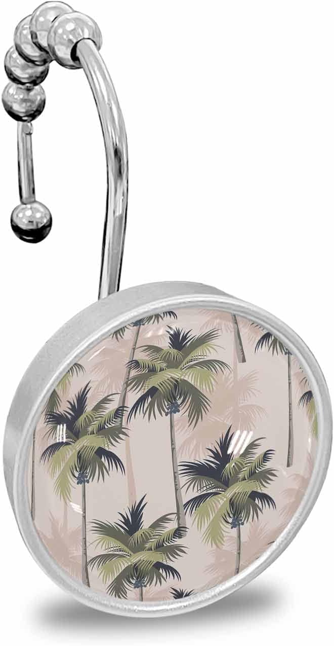 Juego de 12 ganchos para cortina de ducha con palmeras de plantas tropicales, palmeras de verano, playa, anillos de cortina de ducha de cristal para