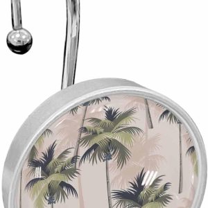 Juego de 12 ganchos para cortina de ducha con palmeras de plantas tropicales, palmeras de verano, playa, anillos de cortina de ducha de cristal para Juego de 12 ganchos para cortina de ducha con palmeras de plantas tropicales, palmeras de verano, playa, anillos de cortina de ducha de cristal para