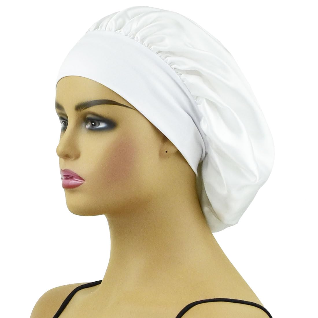 AILONSHAWN Gorro de satén para cabello rizado, gorro de seda para dormir, gorro de seda para dormir, gorra de seda blanca de banda ancha para la