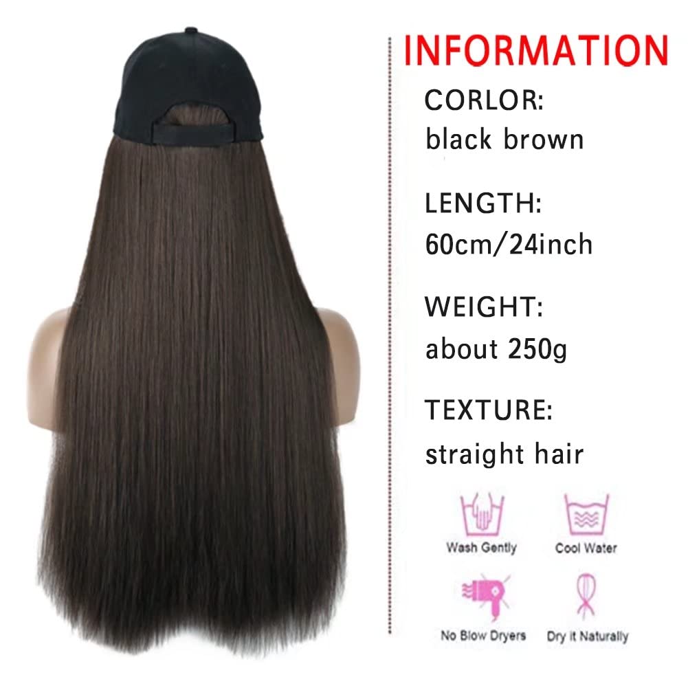 iLUU Peluca y gorro de béisbol con extensiones de cabello sintético con sombrero negro adjunto con 24 pulgadas, extensiones de cabello liso y liso