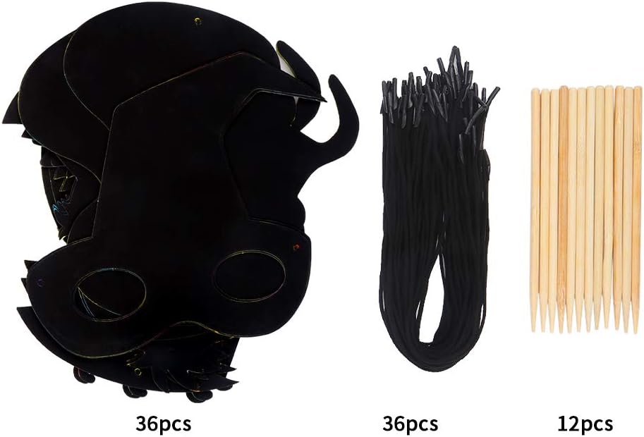 CCINEE 36 máscaras de papel para rascar de Halloween, mágicas máscaras artísticas para raspar con cordones elásticos y lápiz capacitivo de madera