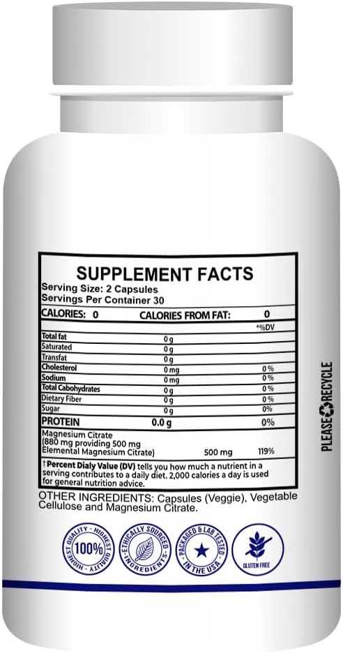 Suplemento dietético de citrato de magnesio – altamente absorbible – Promueve huesos saludables, apoya las funciones nerviosas y musculares – 60