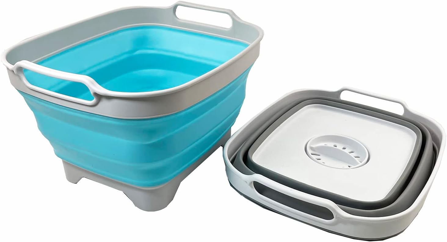 SAMMART Sartén plegable de 7.5 L (2 galones) con tapón de drenaje, lavabo de lavado plegable, tina portátil para lavar platos, ahorro de espacio