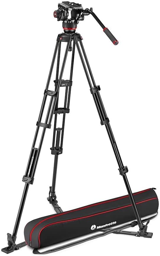 Manfrotto Cabezal de video fluido 504X con trípode doble, kit con trípode de aluminio y cabezal de video, pierna doble con esparcidor de tierra,