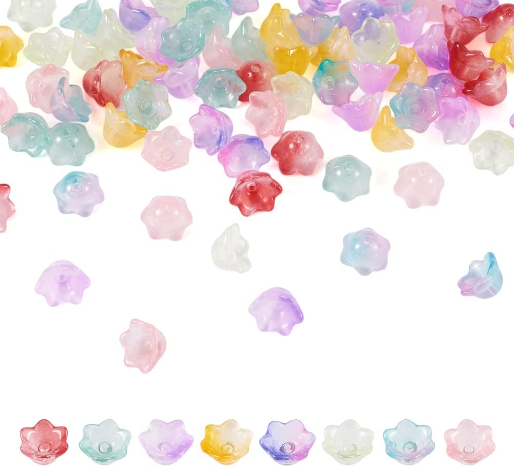 Beadthoven – 80 tapas de cuentas de cristal de 8 colores con diseño de flores, mini trompeta colorida transparente, cuentas de cristal, espaciadores