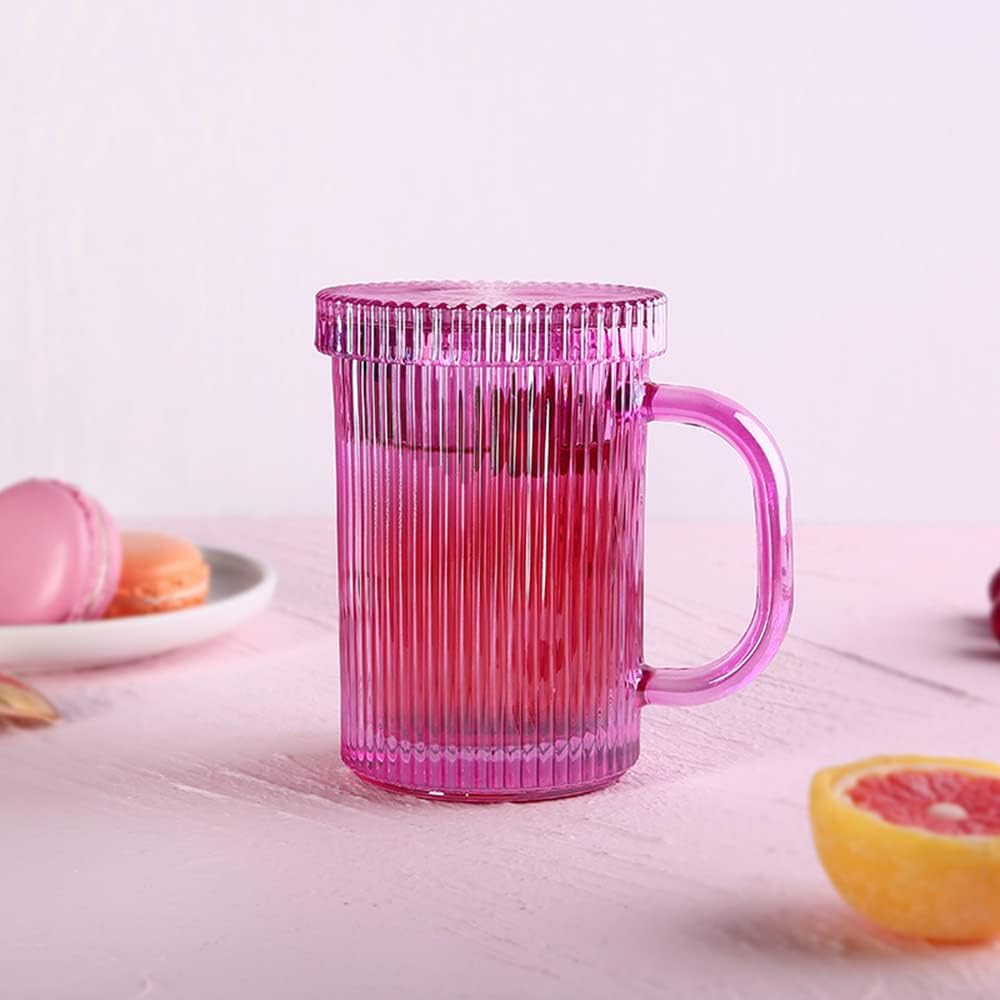 Tazas de café de vidrio transparente acanaladas vintage de 11 onzas, taza de café clásica con rayas verticales con tapa de vidrio para compromiso,