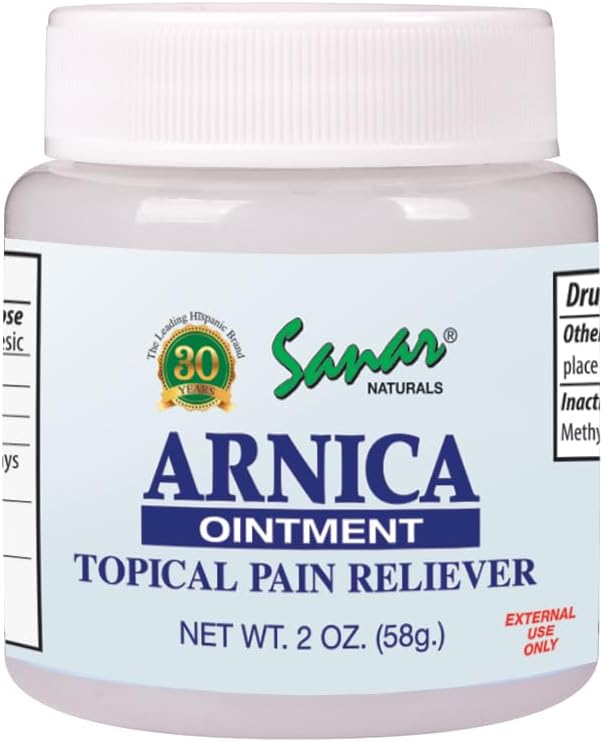 Sanar Naturals Ungüento de árnica transparente de 2 onzas, para aliviar el dolor y moretones, alivio calmante del dolor muscular, dolor en las