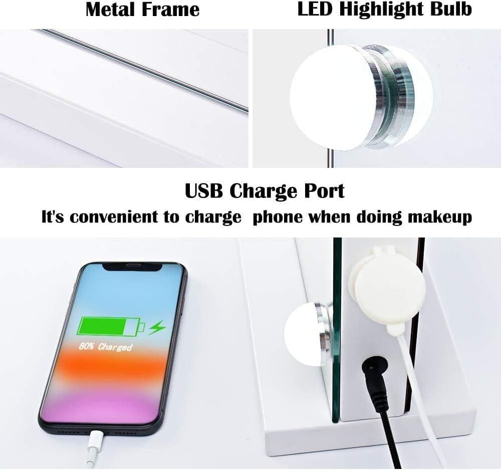 Espejo de maquillaje con luces, aumento de 10X, espejo de tocador grande iluminado Hollywood con 15 bombillas LED regulables, 3 modos de color,