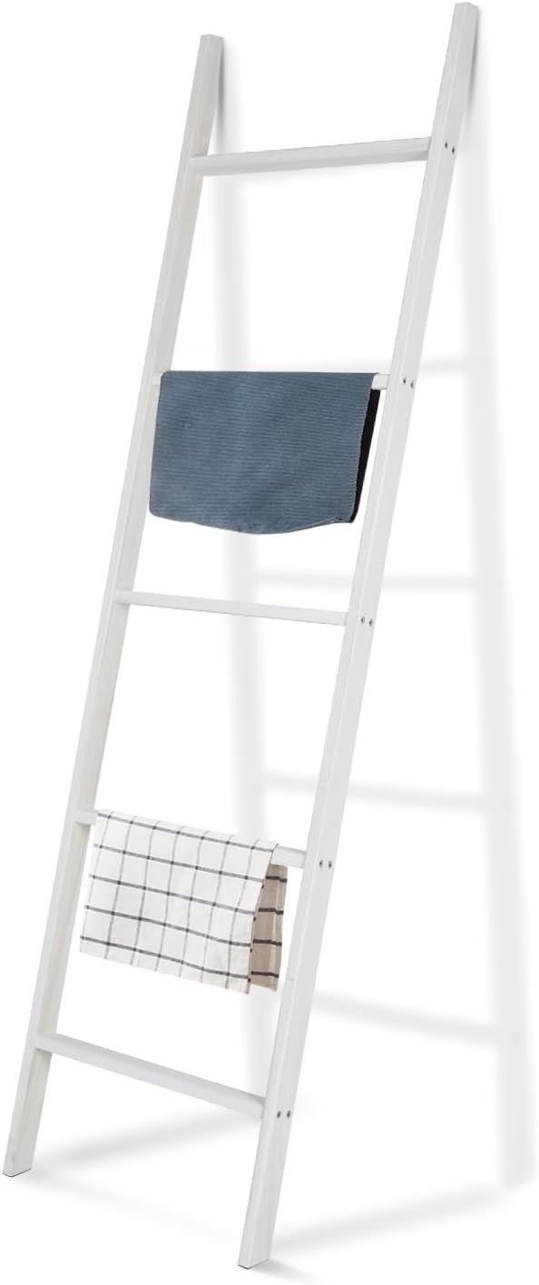 Ecomex Escalera para mantas, escalera para toallas, estante de madera para mantas, estante de manta de 5 niveles decorativo de pared inclinado para