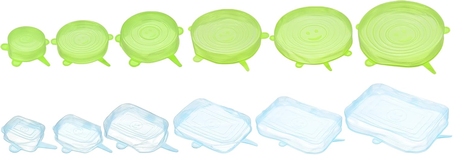 uxcell Tapas elásticas de silicona, paquete de 12 fundas redondas y rectangulares de silicona reutilizables, de diferentes tamaños para tazas,
