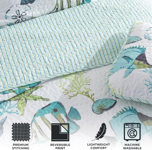 Juego de cama de edredón costero tamaño King, edredón de verano con fundas, juego de edredón reversible de 3 piezas para playa Colcha acolchada