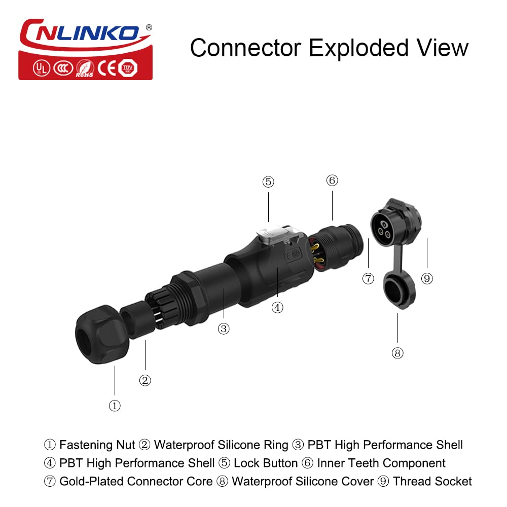 CNLINKO Panel circular IP68 M16 de plástico 3 pines enchufe y zócalo electrial impermeable arnés de cable automático Soldadura con cubierta para